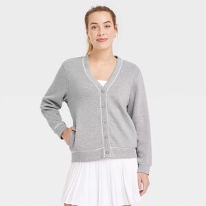 NWT All in Motion Women's Gray V-Neck Button Cardigan with White Trim